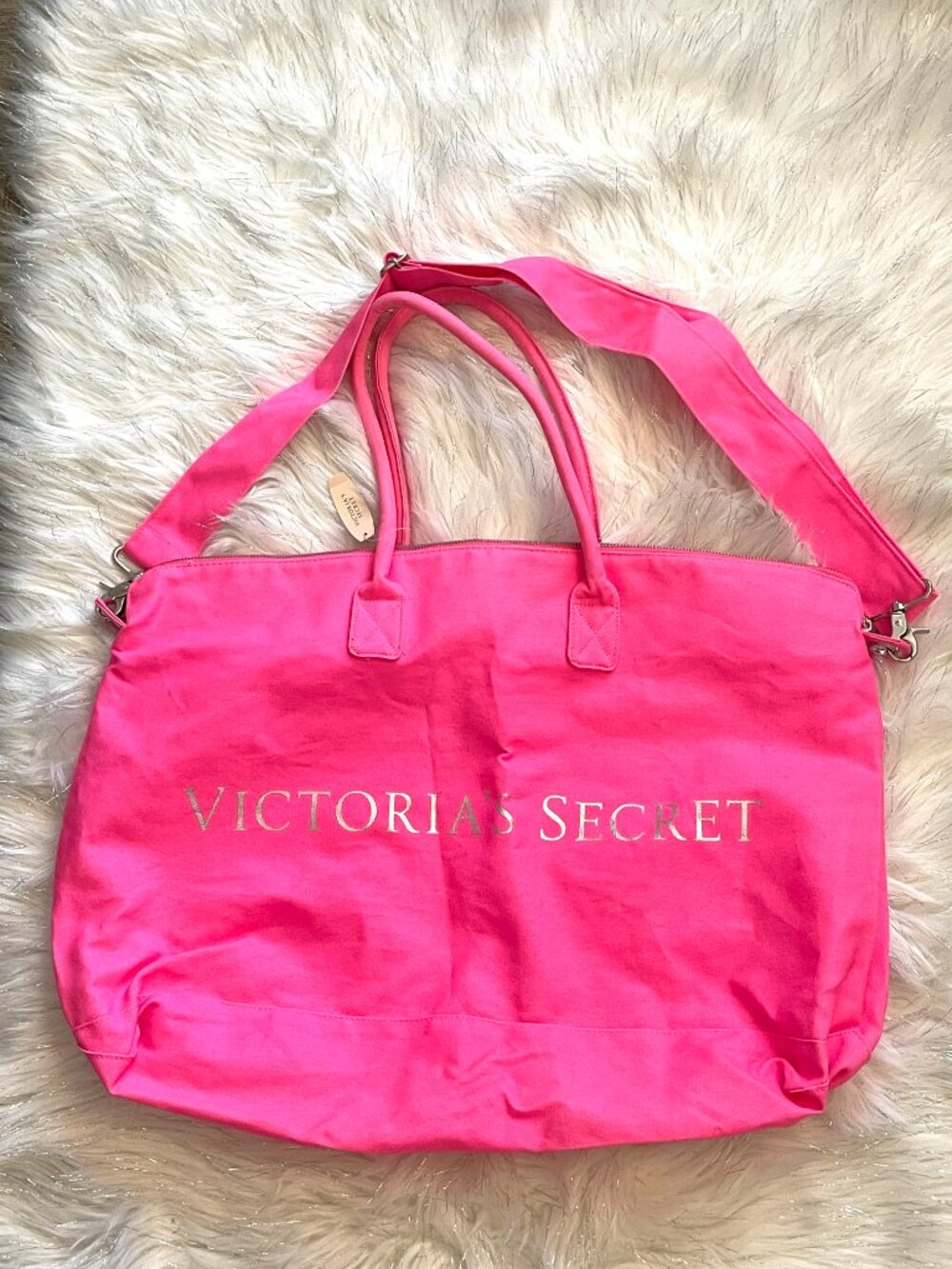 New Victoria's Secret Tote Duffel Bag Large Canvas Logo Travel Hot Pink Silver